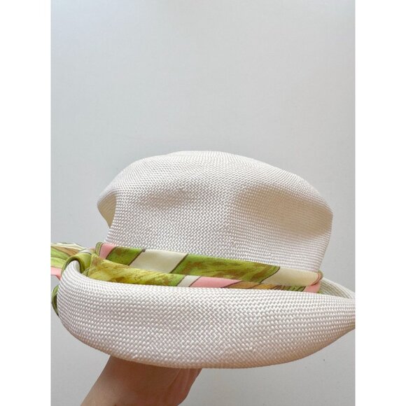 Vintage White Basketweave Green Pink Satin Twill Tie Bucket Hat - Picture 12 of 16